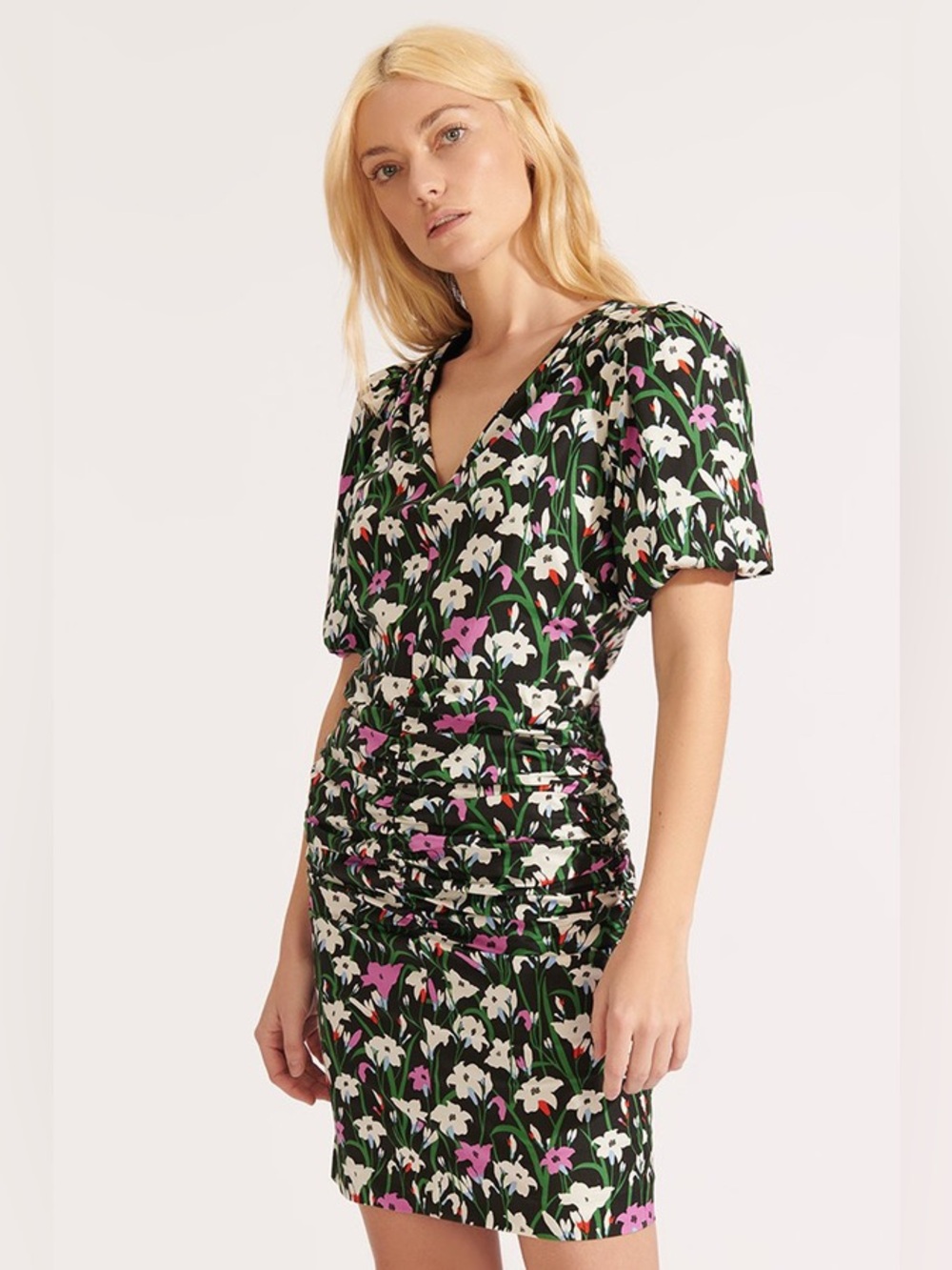 Veronica Beard Janis Ruched Black Floral Print Dress Sz 0 / XS Cotton Poplin NWT